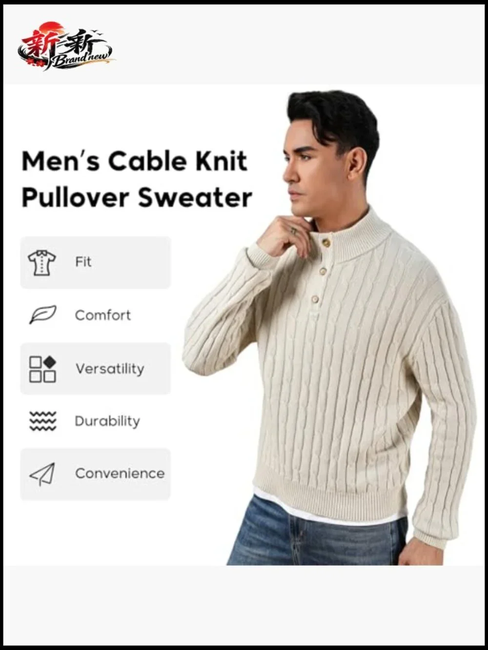 Cable Knit 1/4 Button Up Mock Neck Long Sleeve Pullover Sweater Men